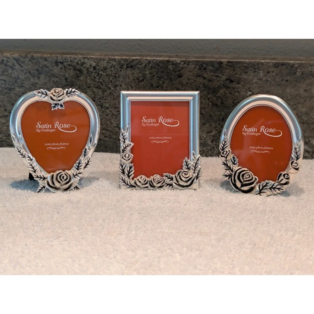 Godinger Mini Picture Frames Silver Plated Set of 3 Satin Rose 1994 Vintage 2x2